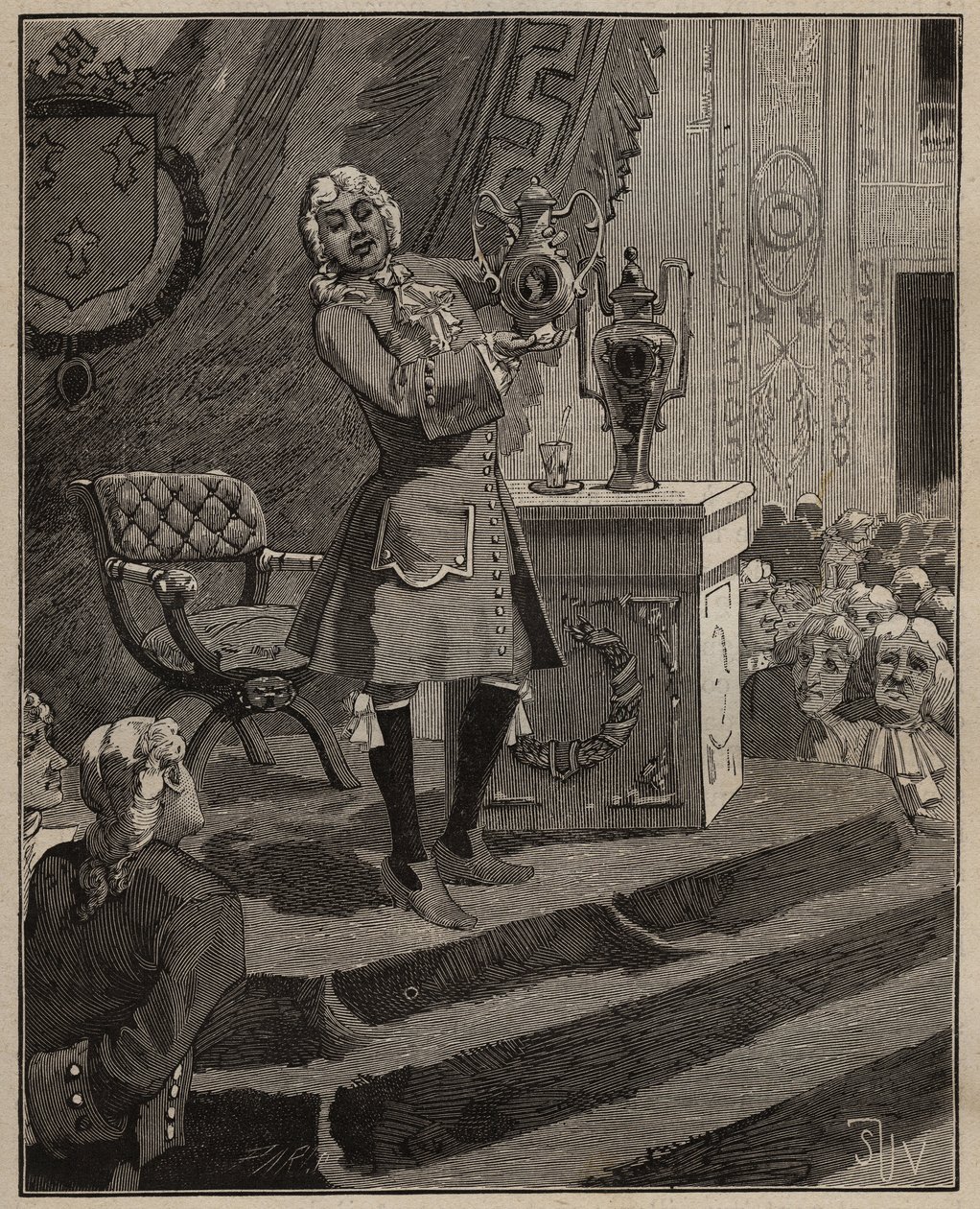 Pottenbakkerij: Pierre Joseph Macquer (1718-1784) presenteert aan de Academie het eerste harde porselein gemaakt in Frankrijk door de fabriek van Sèvres in 1769. Gravure uit 1885 in 