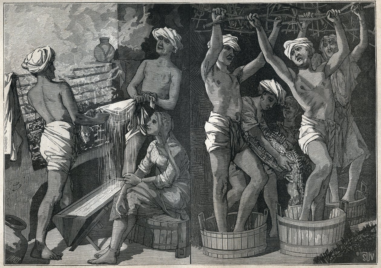 Voorbereiding van lak in India. Gravure uit 1885 in “Les arts et métiers illustrés” door Adolphe BITARD door Unknown artist