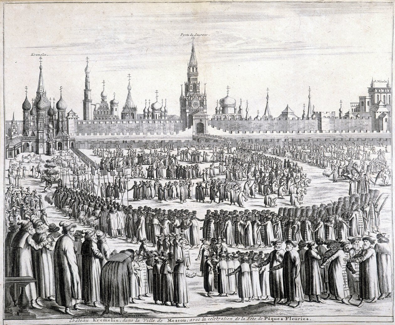 Processie van Paasbloemen voor de Heilige Verlosserpoort en het Kremlin in Moskou. Gravure uit de 19e eeuw. door Unknown artist