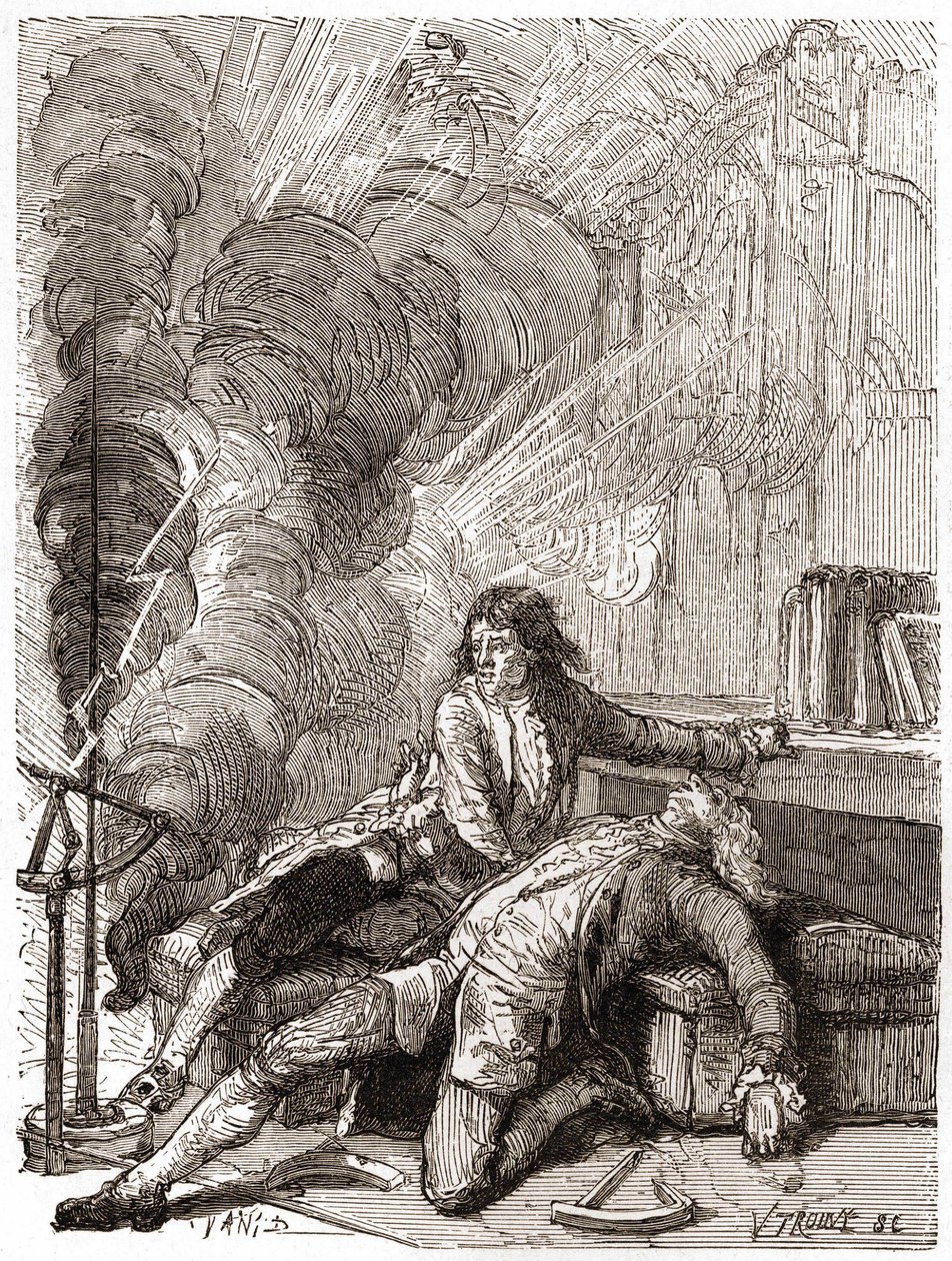 Professor Georges Guillaume Richmann (1711-1753) stierf in zijn werkplaats na een experiment met een elektrometer door Unknown artist