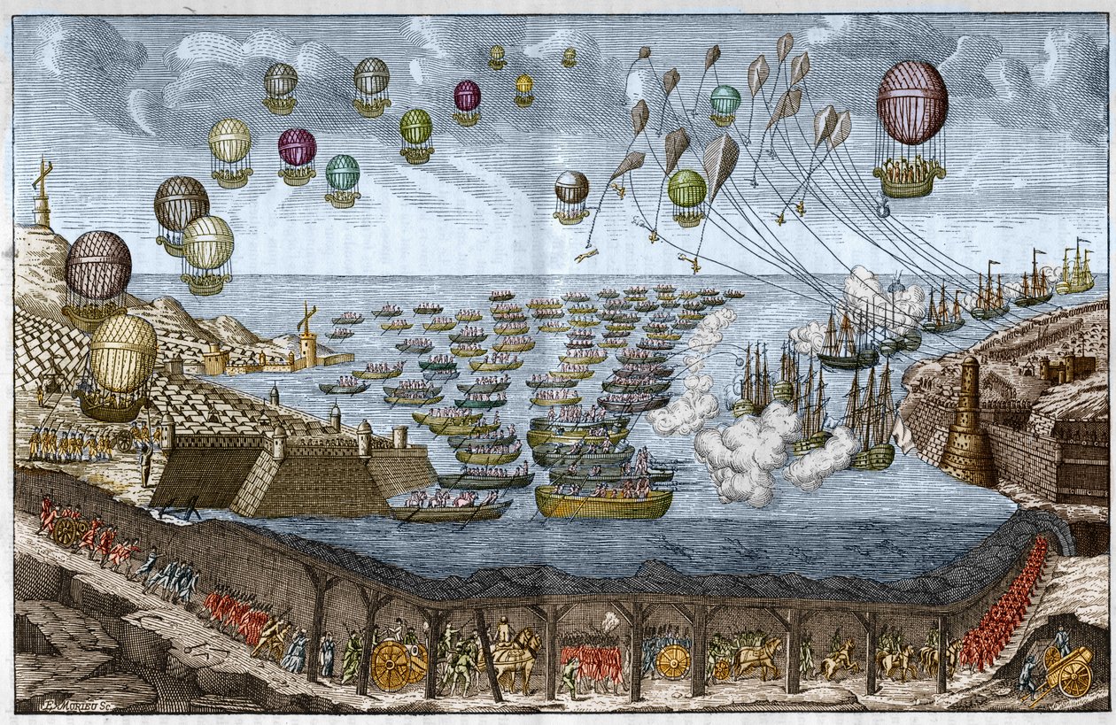 Aanvalsplan tegen Engeland in 1803 door Napoleon I - Franse troepen lopen door de Kanaaltunnel terwijl schepen en ballonnen aanvallen via zee en lucht - Gravure uit 1803 door Unknown artist
