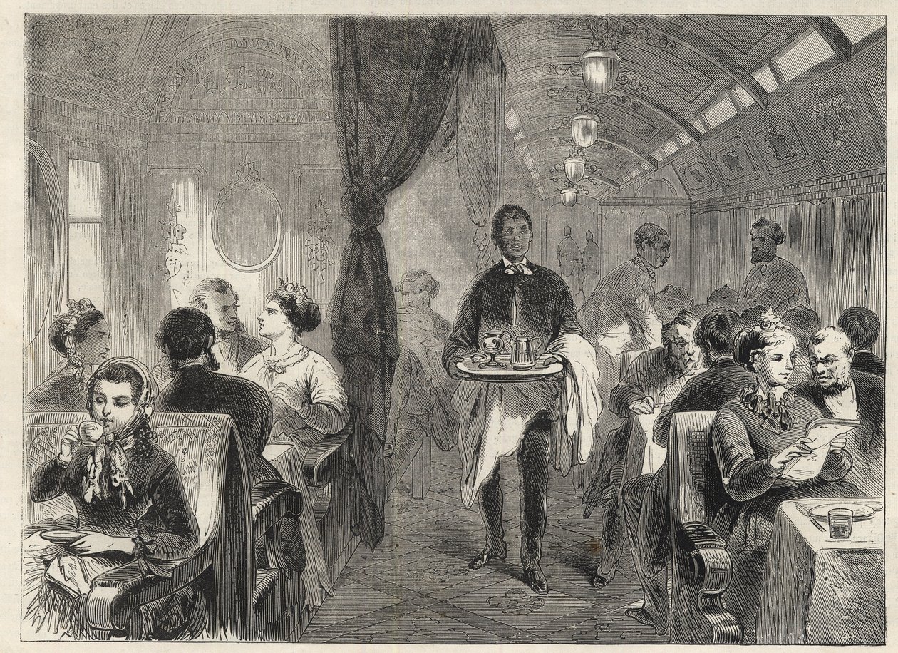 Pullman eetwagon van de Pacific Railways in 1869 - binnenkant van een hotelwagon op de Pacific Railway door Unknown artist