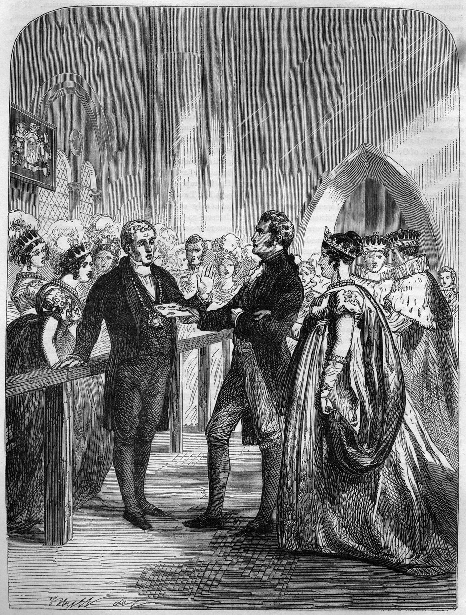 Koningin Caroline (Caroline van Brunswijk-Wolfenbüttel), koningin-gemalin van koning George IV van het Verenigd Koninkrijk, afgewezen bij de deur van Westminster Abbey 1820. Gravure. door Unknown artist
