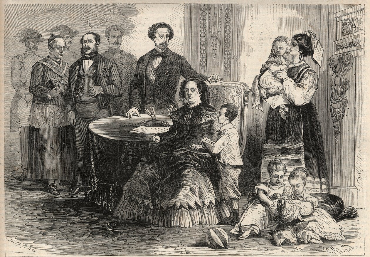 Koningin Isabella II van Spanje (Isabella van Bourbon) (1830-1904) en Francois van Assisi van Bourbon of Francois I van Spanje (1822-1902) zochten toevlucht met hun kinderen in het kasteel van Pau in Frankrijk na de Septemberrevolutie (Gloriosa). Onder hun door Unknown artist