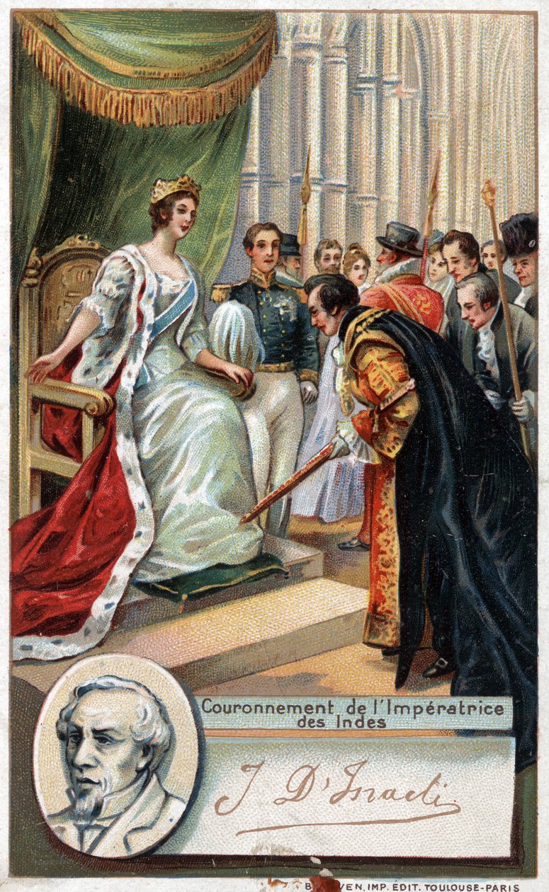 Koningin Victoria van Engeland gekroond tot keizerin van India 1877 met de steun van Benjamin Disraeli (1804-1881) Brits schrijver en politicus. Chromolithografie van de 19e eeuw door Unknown artist