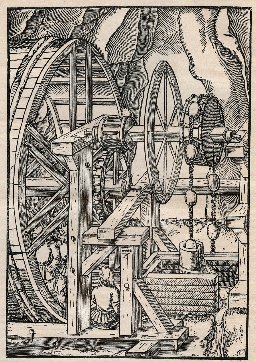 Rag-and-chain pomp voor het leegpompen van een mijn bediend door mannen in tredmolen. Uit Agricola (George Bauer) De re metallica, Basel door Unknown artist