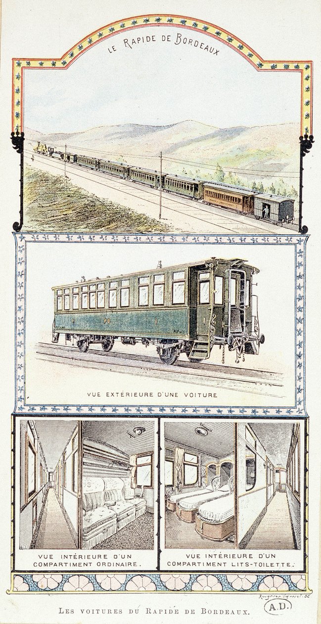 Spoorwegen van Orléans: buiten- en binnenaanzichten van Bordeaux Rapid-wagens door Unknown artist