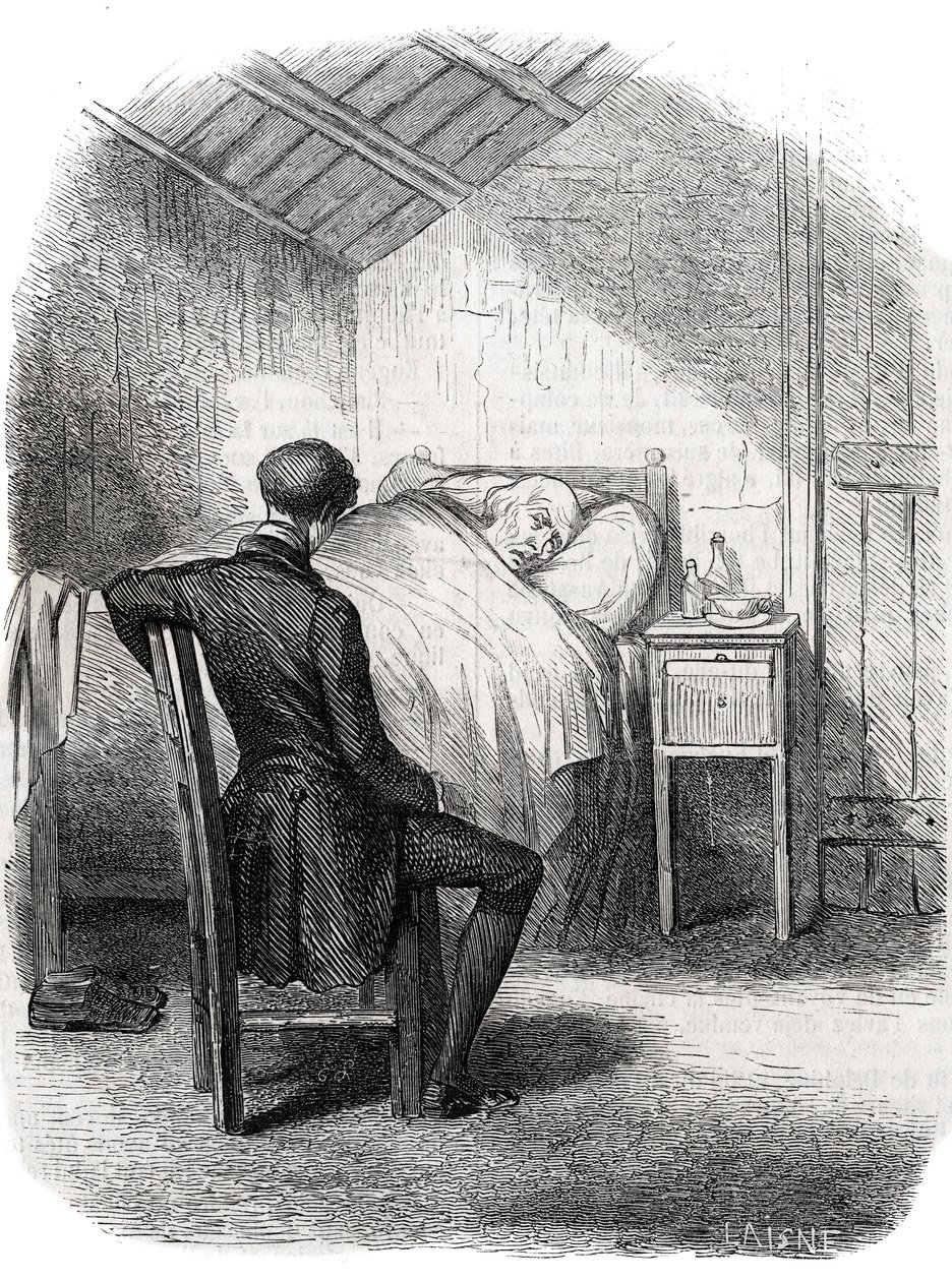 Rastignac bleef alleen bij de oude man, zittend aan het voeteneinde van het bed... Gravure midden 19e eeuw. Illustratie voor 