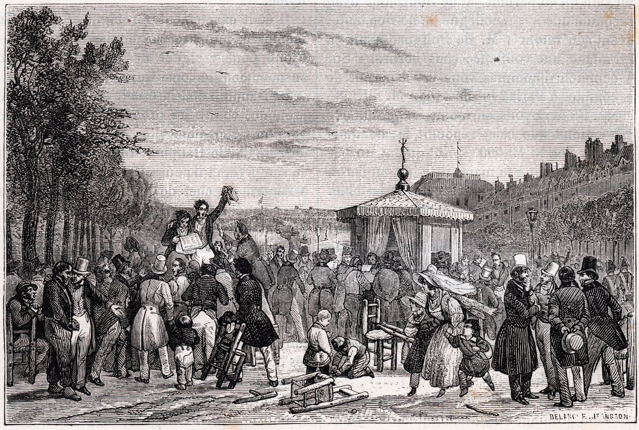 Lezing van de voorschriften gepubliceerd in de krant Moniteur in de tuinen van het Koninklijk Paleis in Parijs op 26 juli 1830 tijdens de burgeroorlog - Revolutie 1830 - Lecture des prescriptions dans Le Moniteur, au jardin du Palais-Royal, le 26 juillet 1 door Unknown