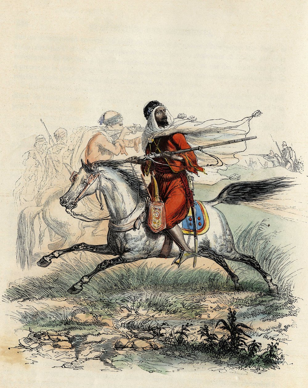 Rode ruiters van Emir Abd-el-Kader op de vlucht voor jagers te paard van het Franse leger in Oran in 1841, in 