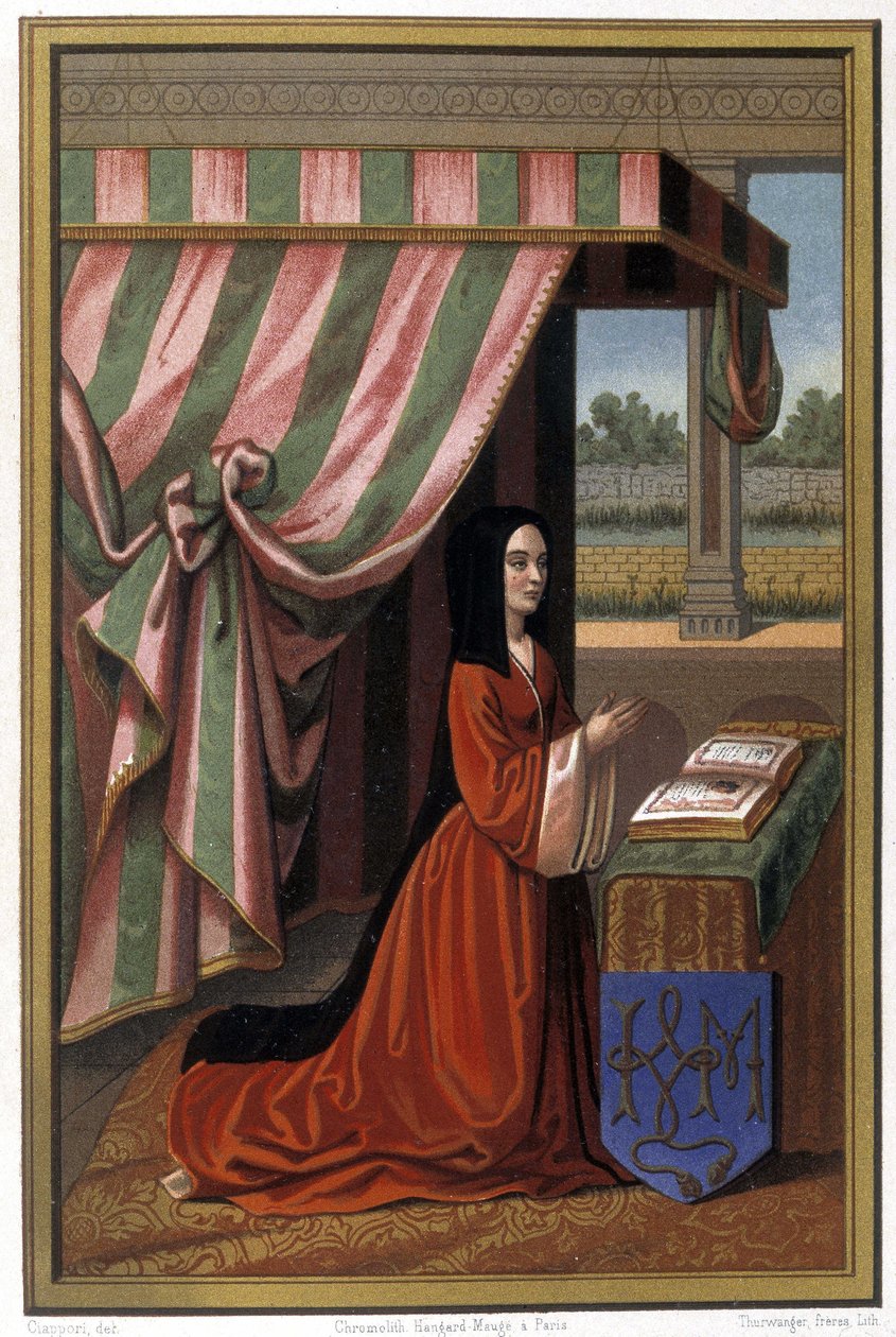 Afbeelding van Anne de France bekend als Anne de Beaujeu (1461-1522) in gebed. Ze is de dochter van Lodewijk XI en Charlotte van Savoye. Chromolithografie na verlichting door Unknown artist