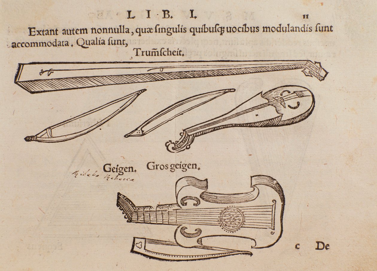Voorstelling van snaarinstrumenten en boogschutter. Pagina uit Musurgia praktische handleiding voor muziek door Unknown artist
