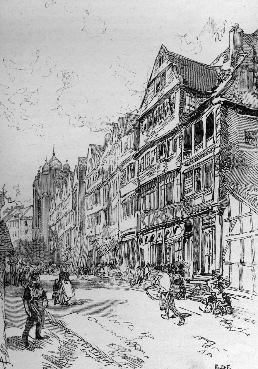 Voorstelling van de Joodse Straat in Frankfurt, geboorteplaats van de familie Rothschild. Gravure in 