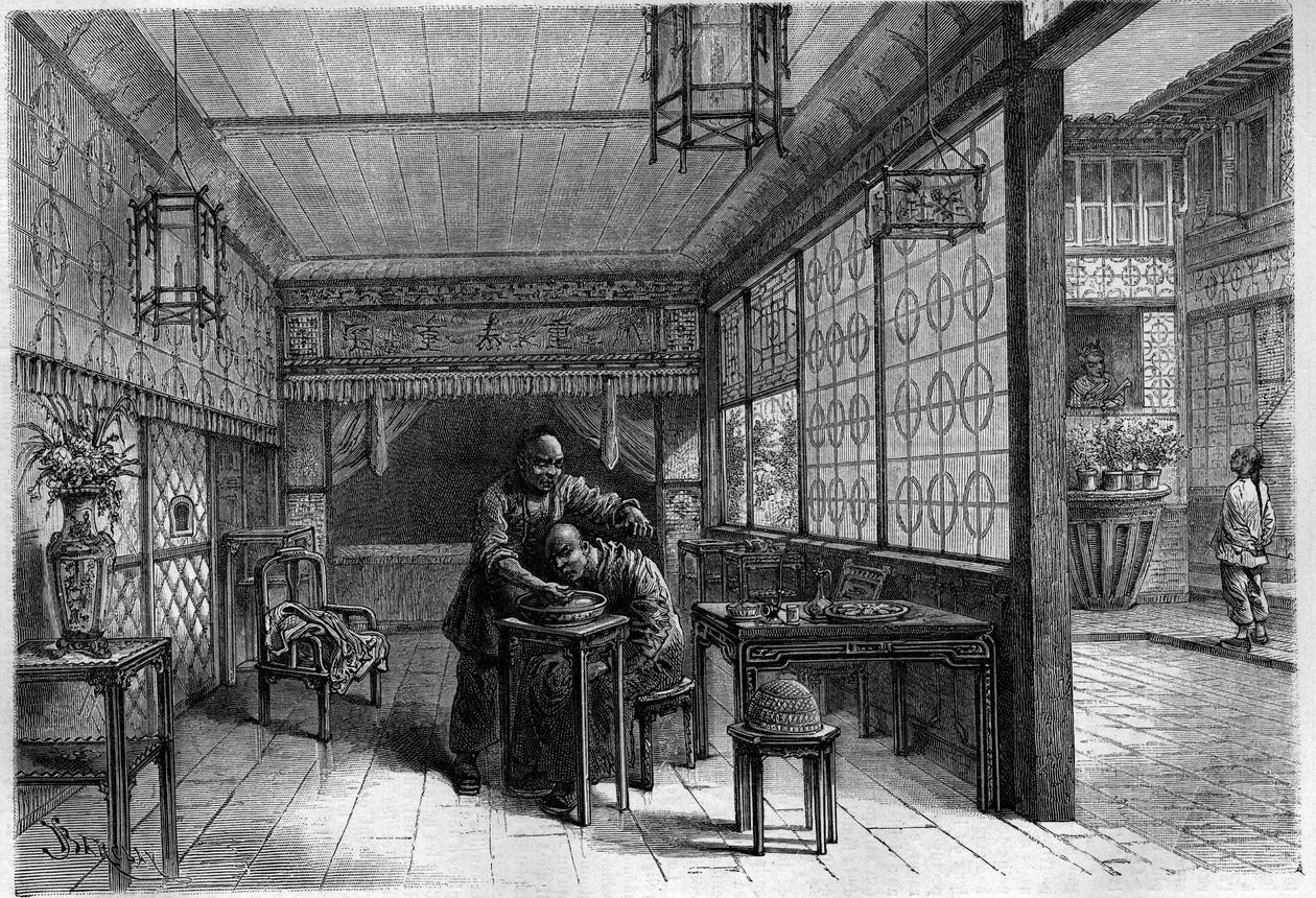 Rijke Chinees in zijn barbier. Gravure in 
