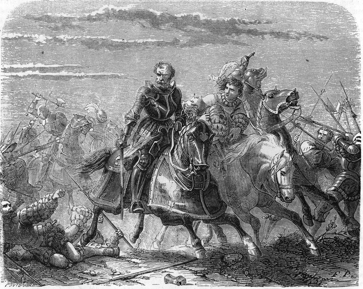 Robert van de Mark van Landsknechts, neemt het lichaam van zijn zoon weg van de Zwitsers. Gravure van de 19e eeuw door Unknown artist