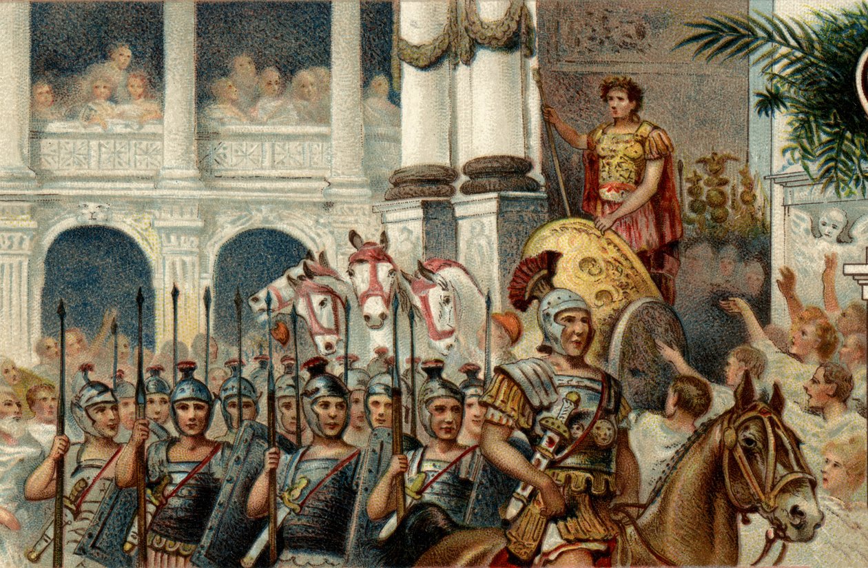 Romeins politiek systeem. De Keizer: Defilé ter ere van de overwinningen van de Romeinse keizer Augustus (Octavianus) behaald in Actium, Pannonia en Egypte. Chromolithografie uit de late 19e eeuw door Unknown artist