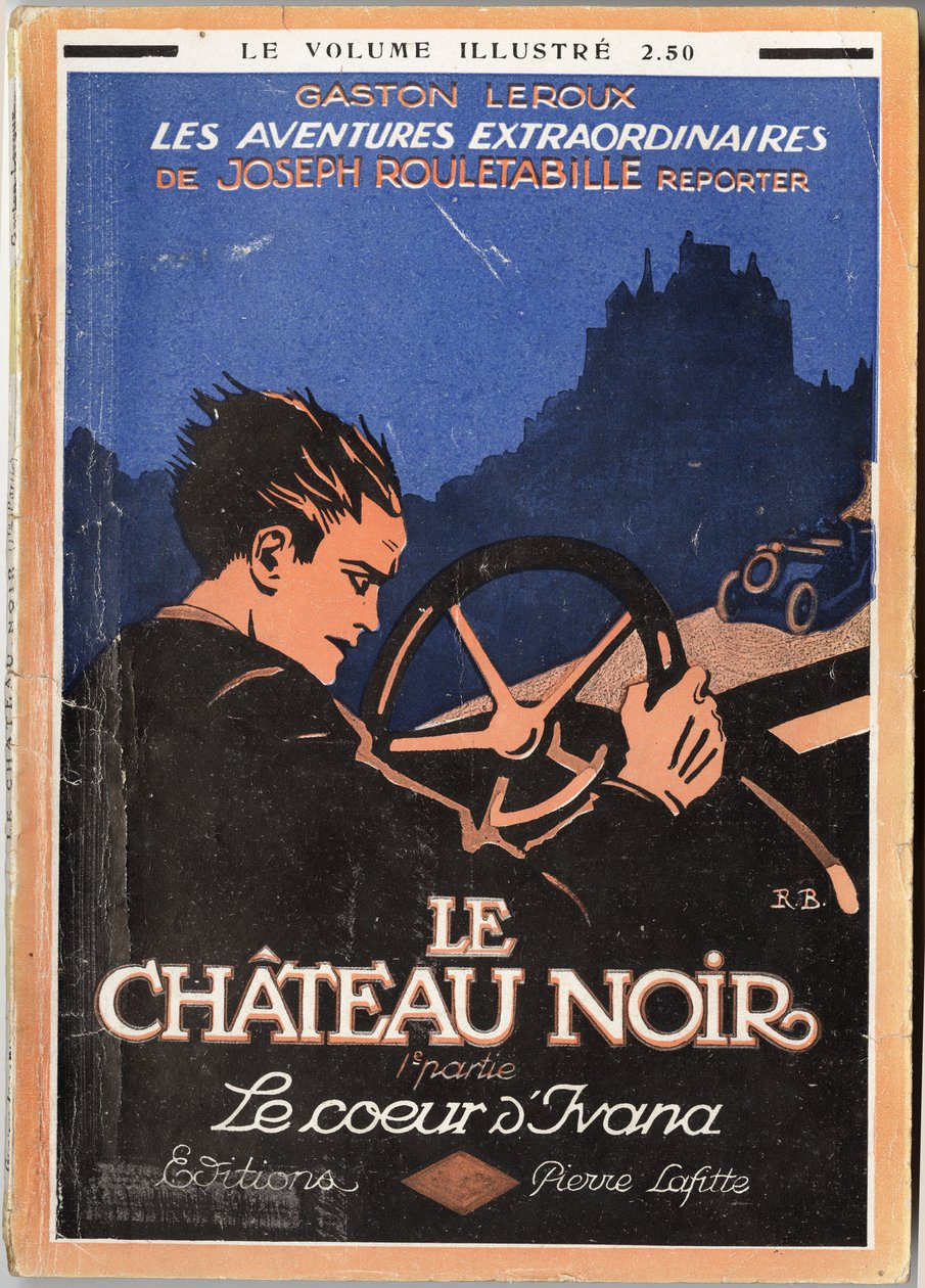 Rouletabille achter het stuur van zijn cabriolet achtervolgt een auto, omslagillustratie voor Gaston Leroux (1868-1927), uitgave Pierre Lafitte, Parijs door Unknown Artist