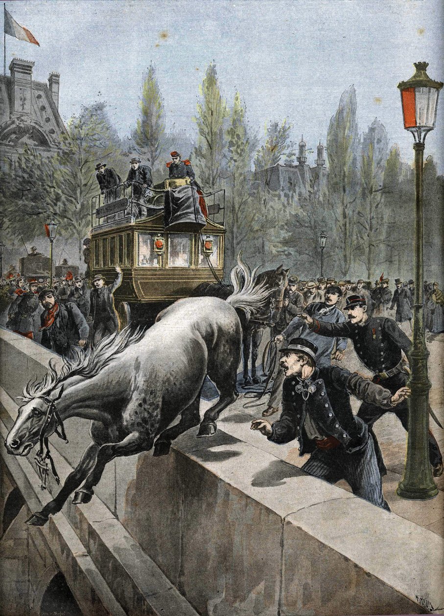 Koninklijke brug in Parijs in 1898: een paard pleegde zelfmoord (print) door Unknown Artist