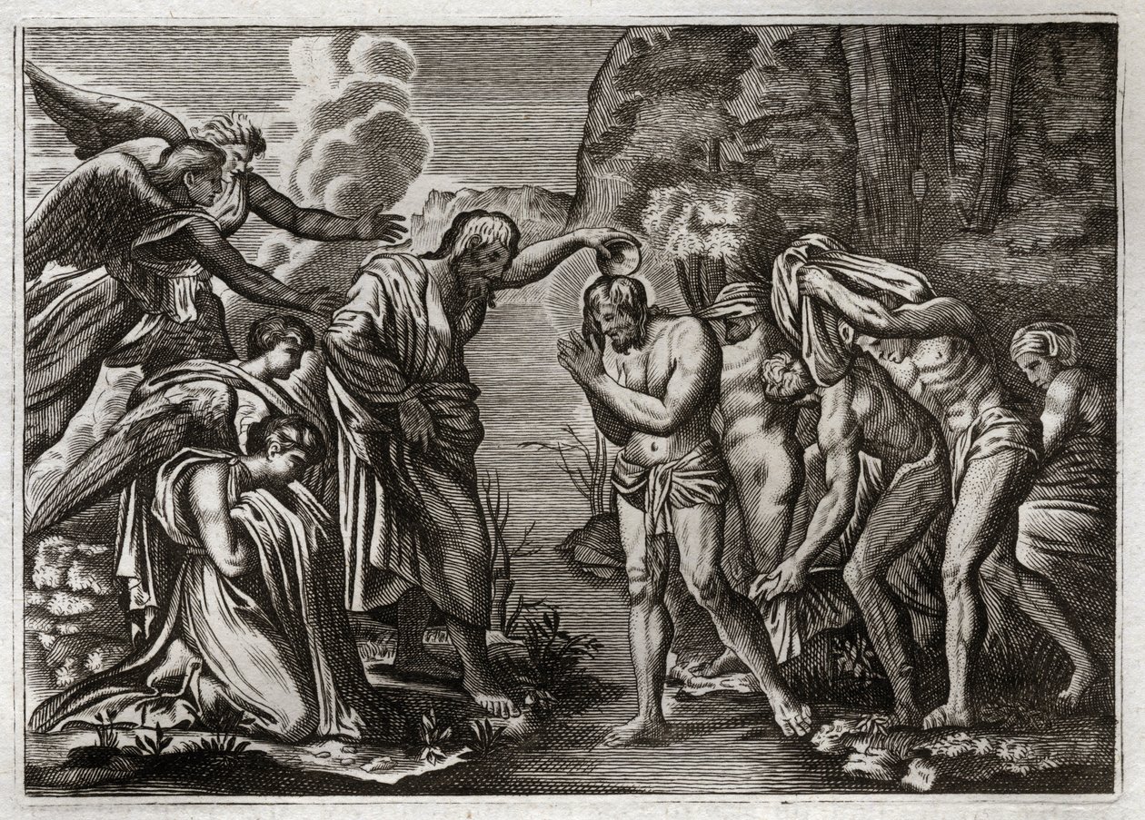 Royaumont Bijbel, Nieuwe Testament: Doop van Jezus Christus. Johannes de Doper doopt Jezus Christus in de wateren van de Jordaan. Illustratie uit 1811. door Unknown artist