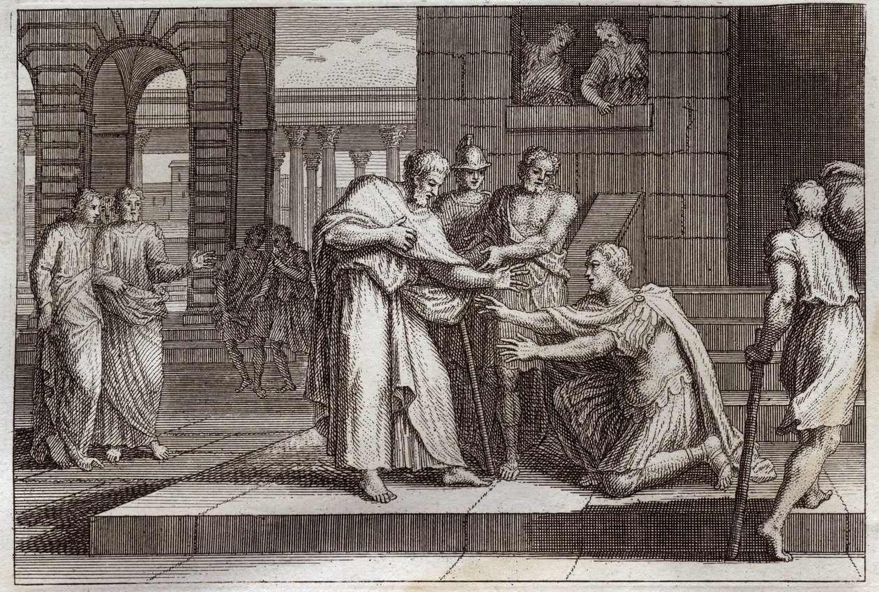 Bijbel van Royaumont, Nieuwe Testament: Cornelius doopt. Cornelius de centurio ontvangt het geloof van Jezus Christus, en wordt gedoopt door St. Petrus. Illustratie uit 1811. door Unknown artist
