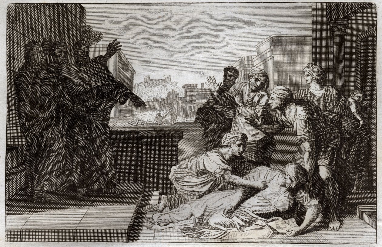 Royaumont Bijbel, Nieuwe Testament: Dood van Ananias en zijn vrouw Saffira voor St. Petrus en St. Johannes. Illustratie uit 1811. door Unknown artist