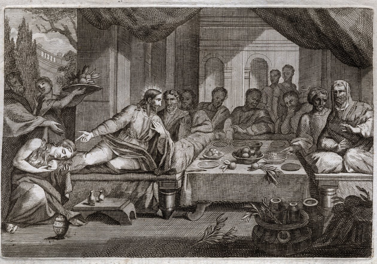Royaumont Bijbel, Nieuwe Testament: Diner bij Simon de Farizeeër. Maria Magdalena ging huilen aan de voeten van Jezus Christus bij Simon de Farizeeër en verkreeg vergeving van haar zonden. Ze zalft Christus