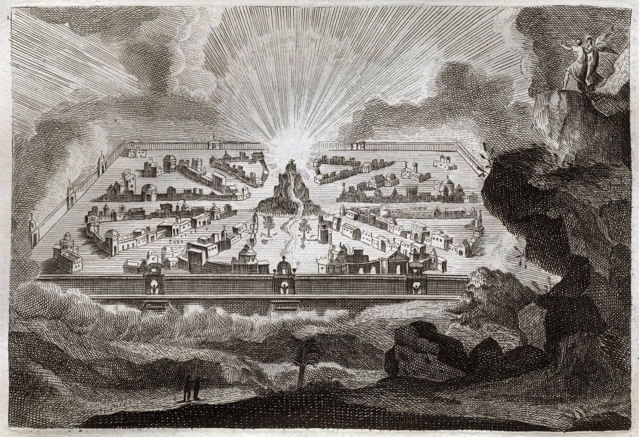 Royaumont Bijbel, Nieuwe Testament: Nieuwe Jeruzalem. De Engel toont Sint Jan het Nieuwe Jeruzalem. Illustratie uit 1811. door Unknown artist