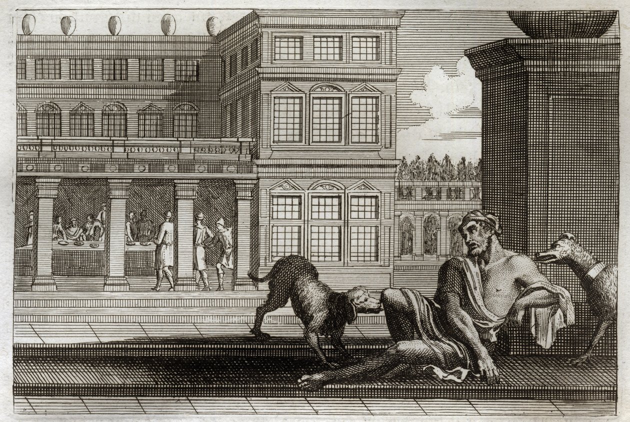 Royaumont Bijbel, Nieuwe Testament: Parabel van de rijke man en Lazarus. De rijke man zit aan tafel en Lazarus de bedelaar, wiens wonden door de honden van de rijke man worden gelikt. Illustratie uit 1811. door Unknown artist