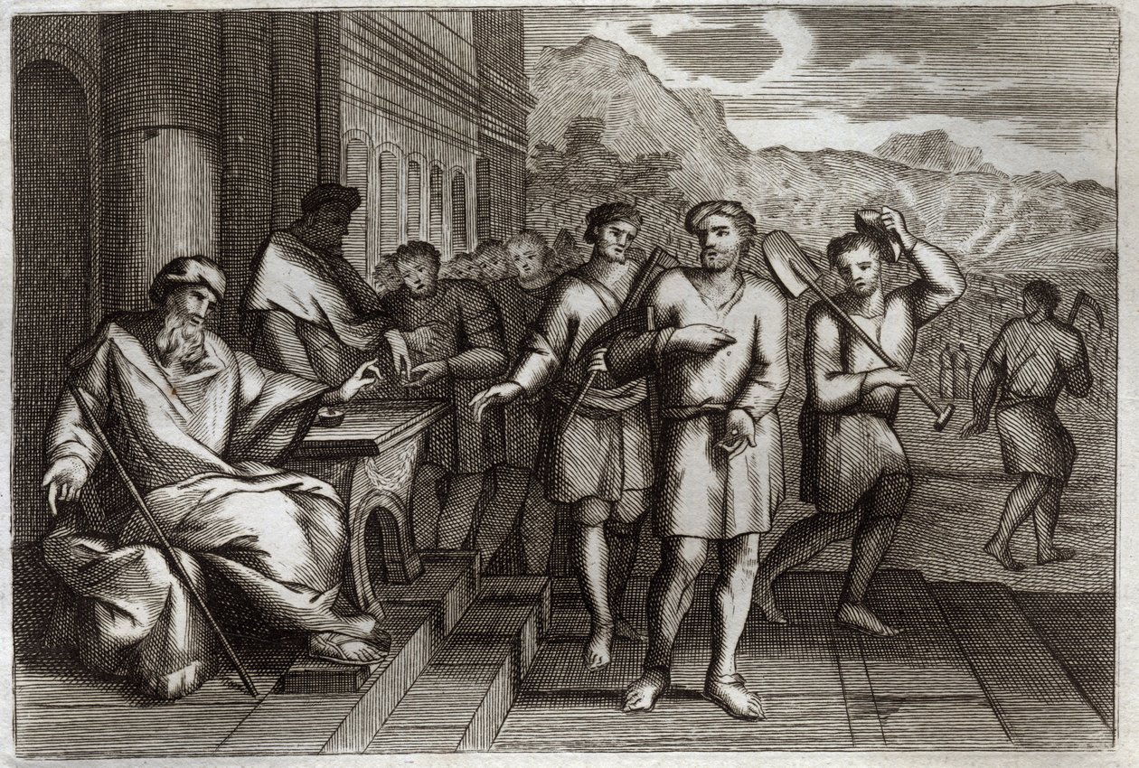 Royaumont Bijbel, Nieuwe Testament: Gelijkenis van de wijnbouwers of gelijkenis van de arbeiders van het elfde uur. Arbeiders die de vader van de familie naar zijn wijngaard stuurt. Illustratie uit 1811. door Unknown artist