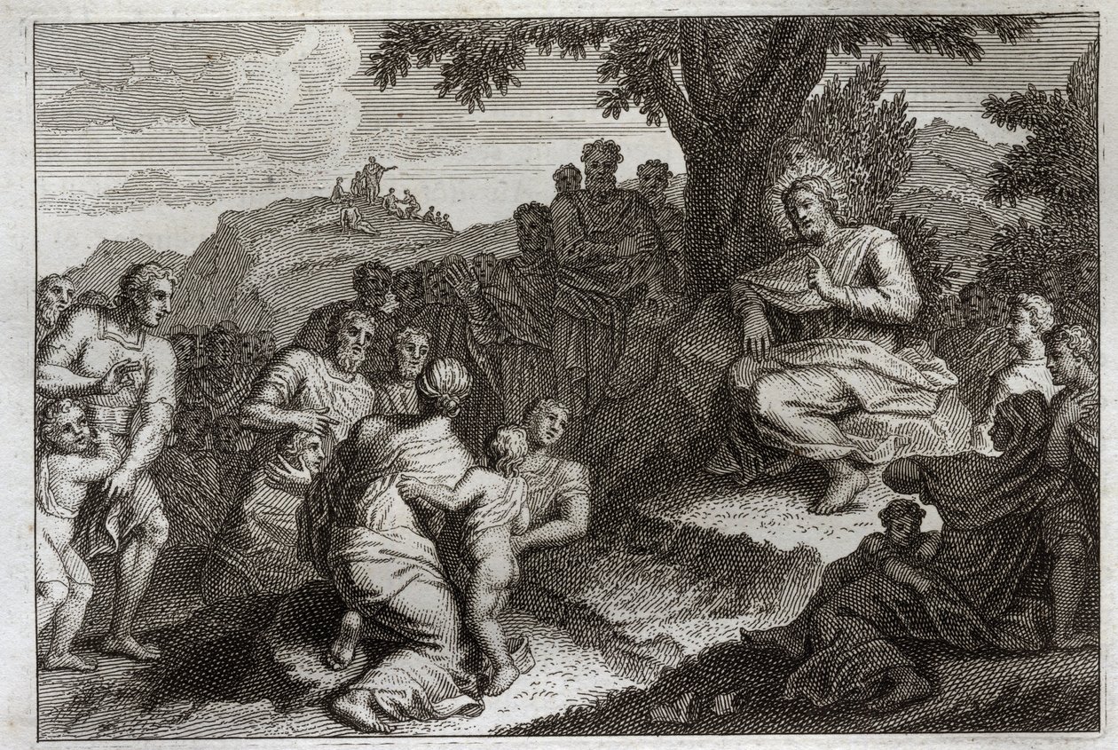 Royaumont Bijbel, Nieuwe Testament: Bergrede. Jezus Christus kiest twaalf apostelen uit zijn discipelen en houdt voor hen en een groot volk de Bergrede. Illustratie uit 1811. door Unknown artist