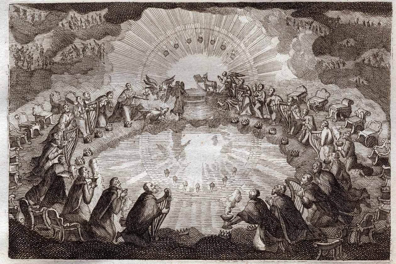 Royaumont Bijbel, Nieuwe Testament: Zeven zegels van het boek geopend door het Lam. De vierentwintig oudsten werpen zich neer voor de troon omringd door een leeuw, een os, een mens en een adelaar (tetramorf) en zeven lampen. Illustratie uit 1811. door Unknown artist
