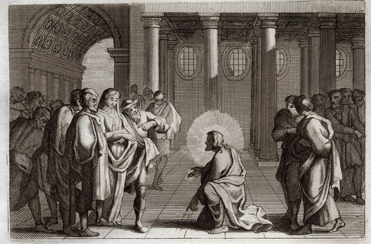 Royaumont Bijbel, Nieuwe Testament: De overspelige vrouw. Jezus Christus ontwijkt goddelijk de valstrikken die de Joden voor hem hadden gelegd, door hem te vragen wat er met een vrouw die op overspel betrapt was, moest gebeuren, zeggende: 