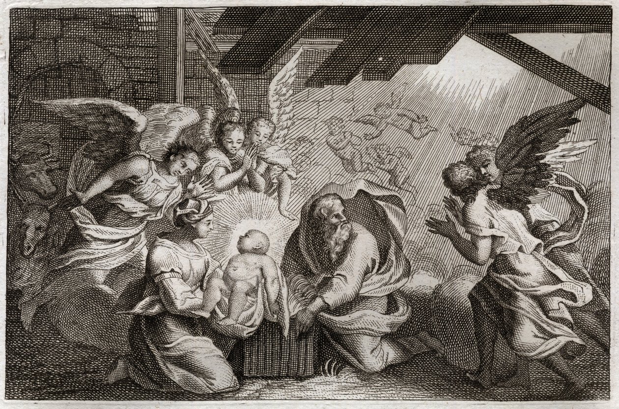 Royaumont Bijbel, Nieuwe Testament: De Geboorte. Jezus Christus werd geboren uit de Heilige Maagd Maria in een stal in Bethlehem. Illustratie uit 1811. door Unknown artist