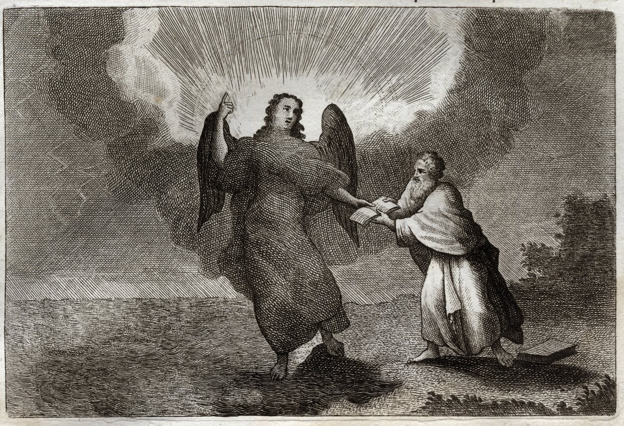 Bijbel van Royaumont, Nieuwe Testament: Visioen van Sint Jan. Visioen van de Engel met een Open Boek geeft Sint Jan om hem te verslinden. Illustratie uit 1811. door Unknown artist