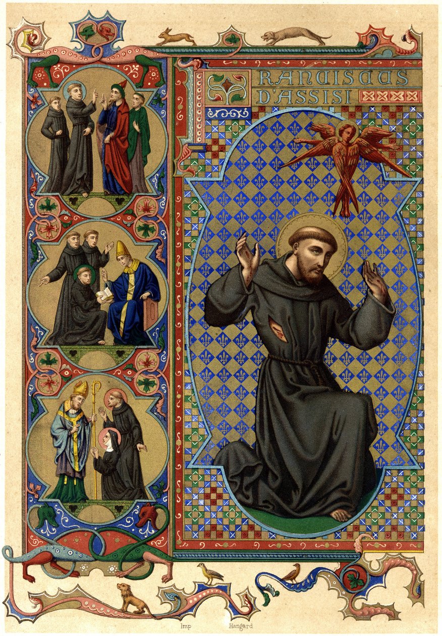 Franciscus van Assisi ontvangt stigma. begin 20e eeuw (chromo) door Unknown Artist