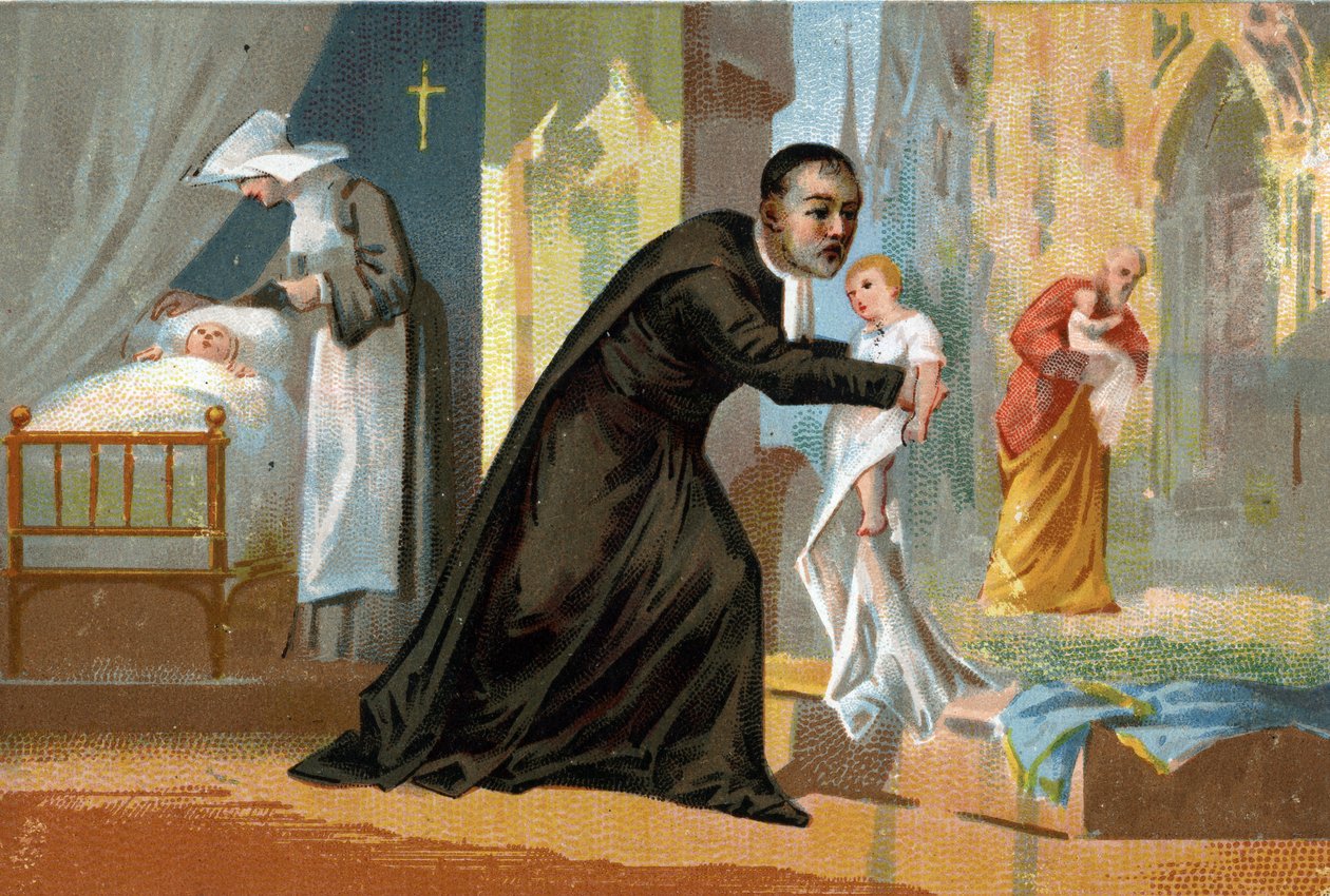 Sint Vincentius van Paulo (1576-1660), bekend om zijn liefdadigheid, oprichter van het ziekenhuis voor vondelingen. Chromolithografie uit de 19e eeuw door Unknown artist