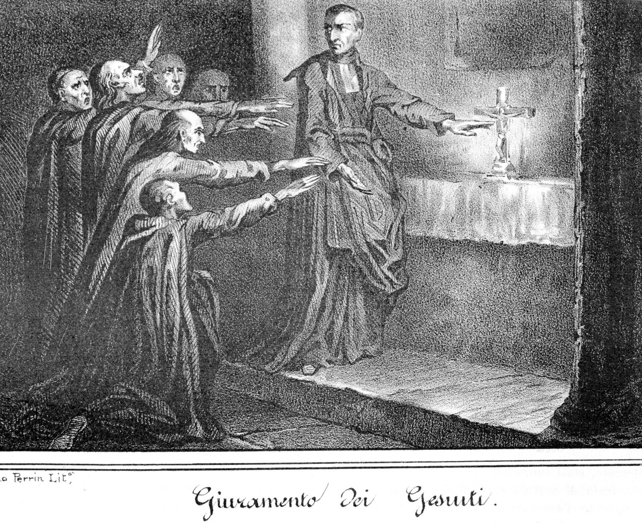 Scène die Jezuïeten toont die een eed afleggen. Gravure uit het einde van de 19e eeuw. door Unknown artist