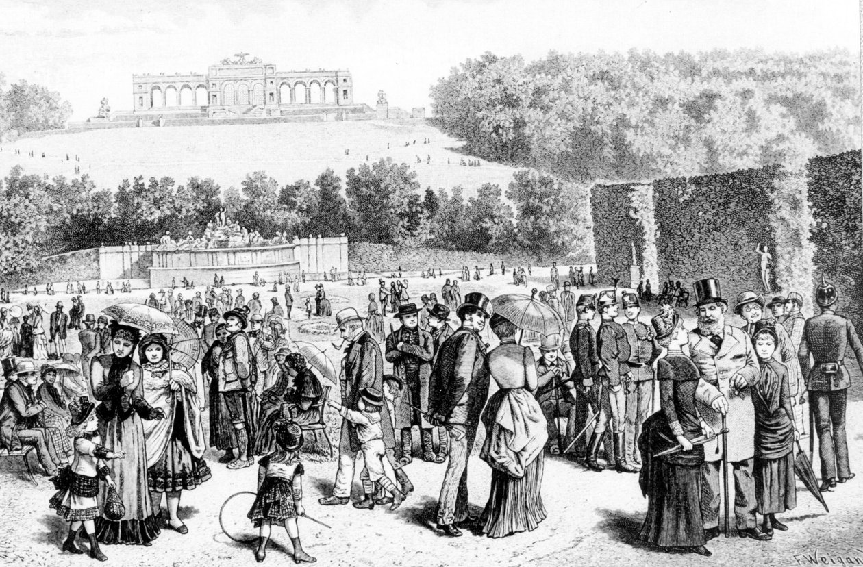 Schönbrunn Park, een complex van paleizen en tuinen gelegen niet ver van Wenen, was sinds de 18e eeuw de zomerresidentie van de Habsburgse familie. Lithografie uit de 19e eeuw. door Unknown artist
