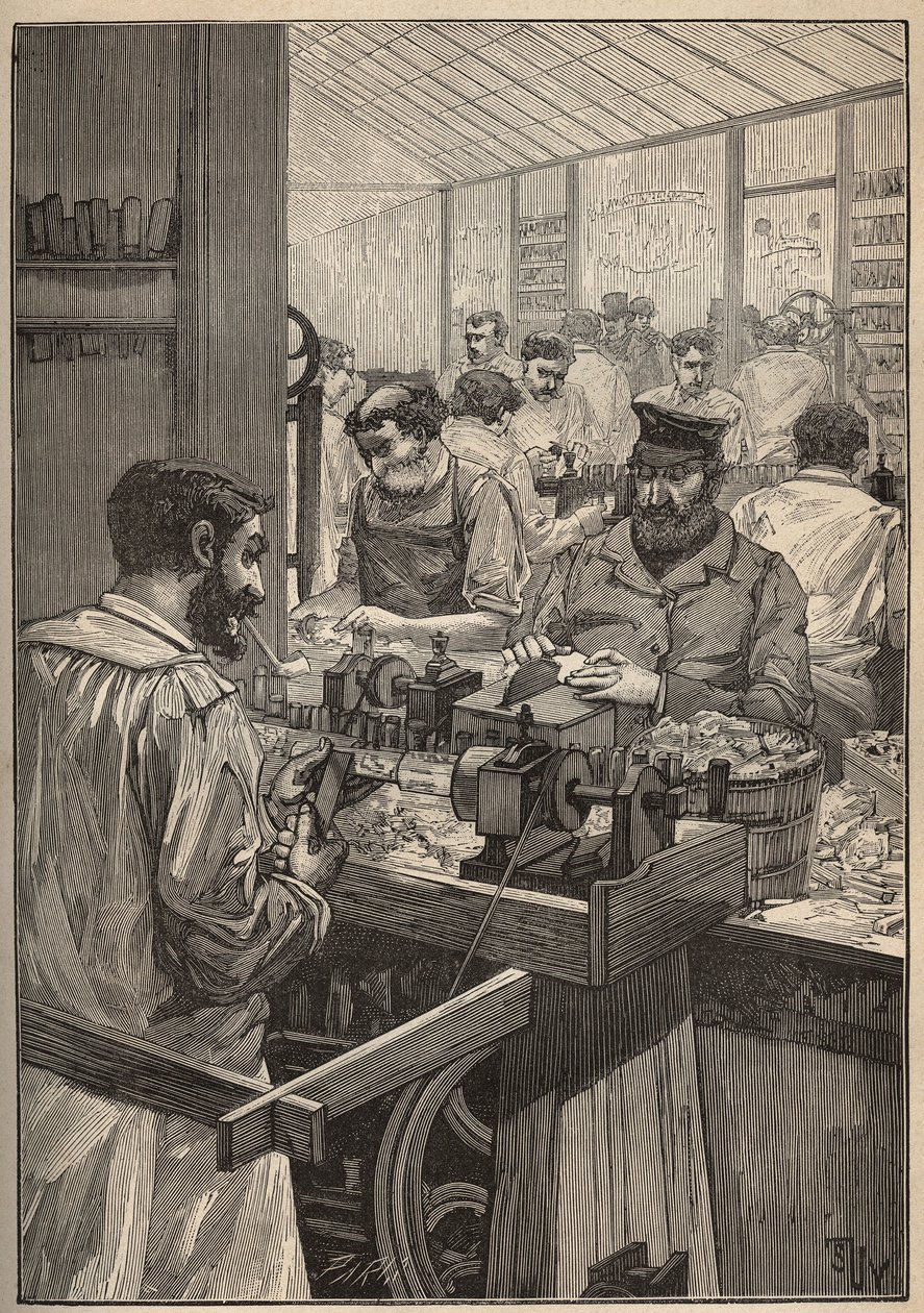 Zeeschuim: vervaardiging van zeeschuimpijpen. Gravure uit 1885 in 