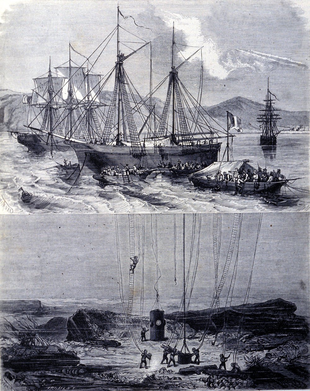 Zoeken naar Spaanse galeonscheepswrakken in de Baai van Vigo in 1702. 19e eeuw door Unknown artist