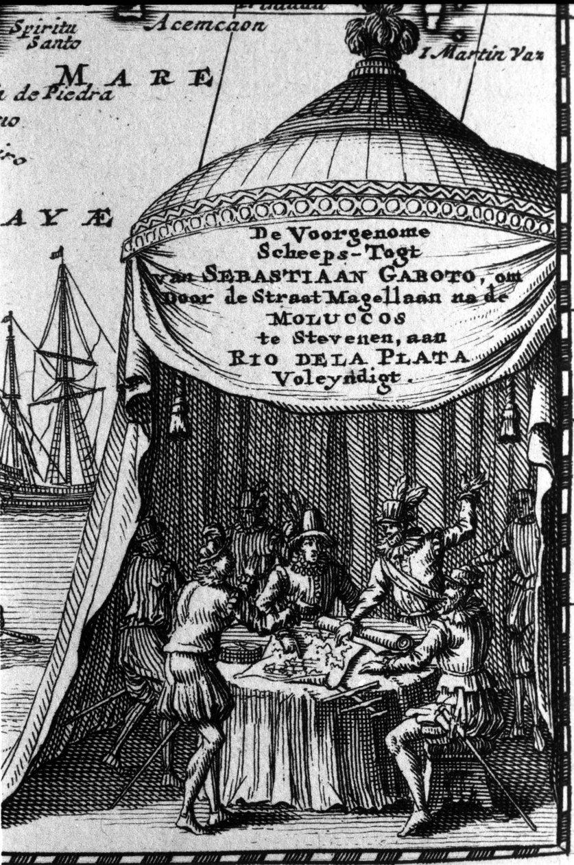 Sebastiano Caboto (Sebastien Cabot) afgebeeld op de cartridge van een navigatiekaart met andere navigators. Begin van de 17e eeuw door Unknown artist