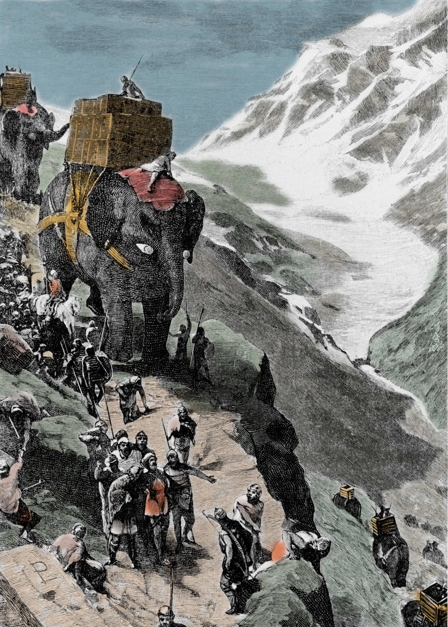 Tweede Punische Oorlog. Het leger van Hannibal Barca steekt de Alpen over, 218 v.Chr. Italiaanse gravure uit de 19e eeuw. door Unknown artist