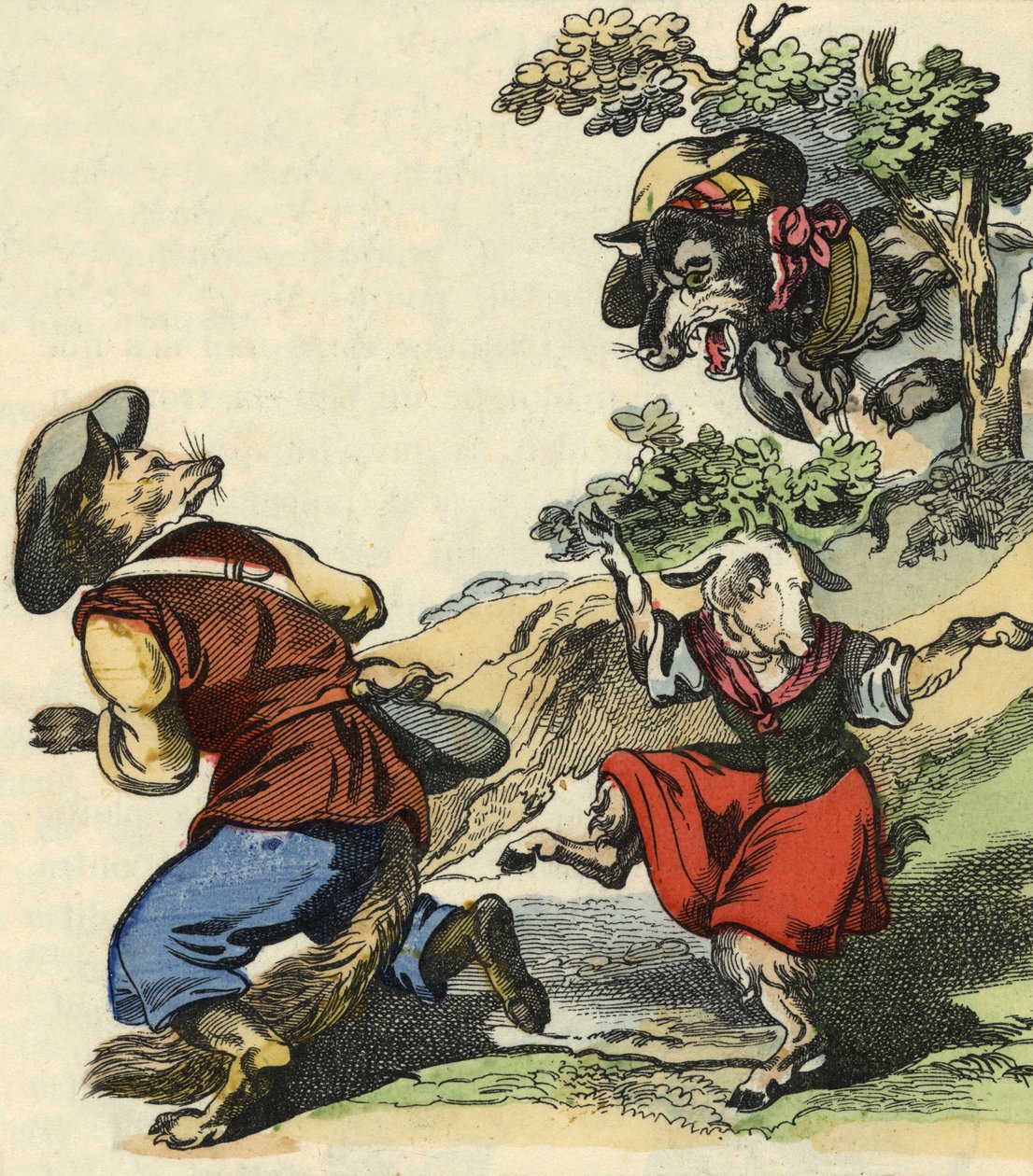 De wolf ziende, vluchtte Meester Vos, waardoor Kleine Chevrette in gevaar bleef. Illustratie van het sprookje "Bon medor en Kleine Chevrette". In "Verhalen uit het huis voor de kleintjes". Anonieme gravure uit de 19e eeuw. door Unknown artist