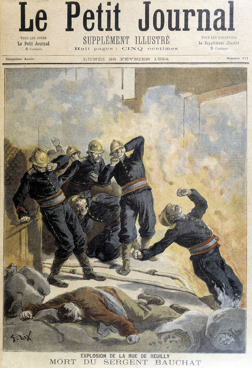 Sergeant Bauchat stierf tijdens brandbestrijding na de explosie van rue de Reuilly. Illustratie van 