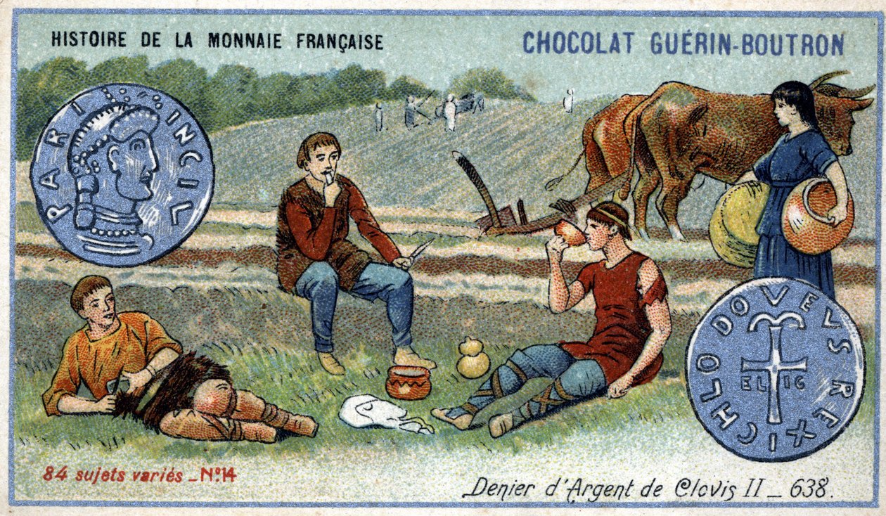 Serie Histoire de la Monnaie Française uitgegeven door Chocolat Guérin Boutron. Zilveren denier van Clovis II in 638 door Unknown artist