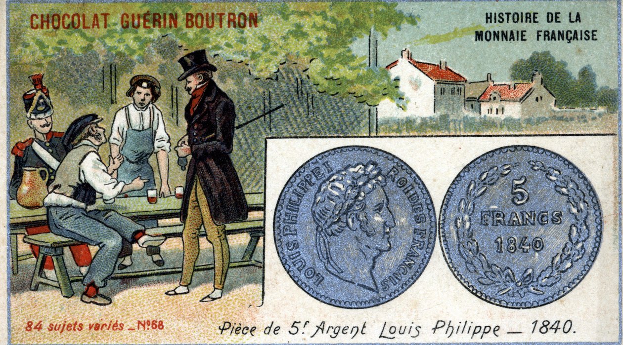 Serie Histoire de la Monnaie Française uitgegeven door Chocolat Guérin Boutron. Chromolithografie 19e eeuw. 5 frank zilveren munt. Lodewijk Filips I in 1840 door Unknown artist