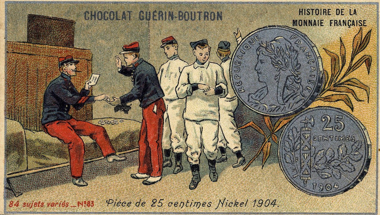 Serie Histoire de la Monnaie Française uitgegeven door Chocolat Guérin Boutron. Chromolithografie 19e eeuw. 25 cent munt. Nikkel 1904 door Unknown artist