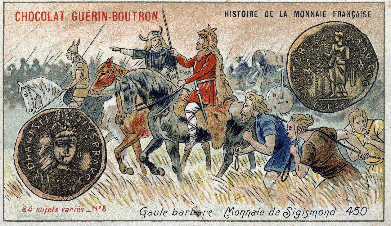 Serie Histoire de la Monnaie Française uitgegeven door Chocolat Guérin Boutron. Chromolithografie 19e eeuw. Barbaarse Gallië. Sigismond munt door Unknown artist