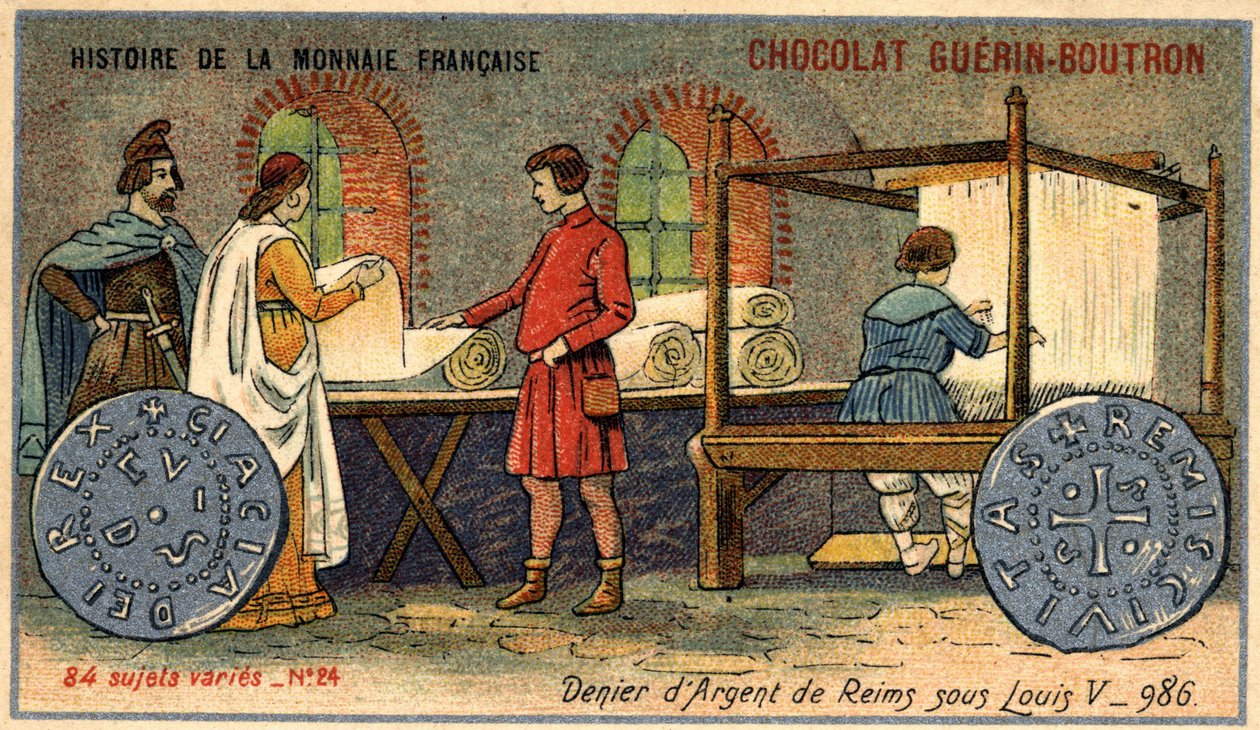 Serie Histoire de la Monnaie Française uitgegeven door Chocolat Guérin Boutron. Chromolithografie 19e eeuw. De Zilveren Denier van Reims onder Lodewijk V. in 986 door Unknown artist