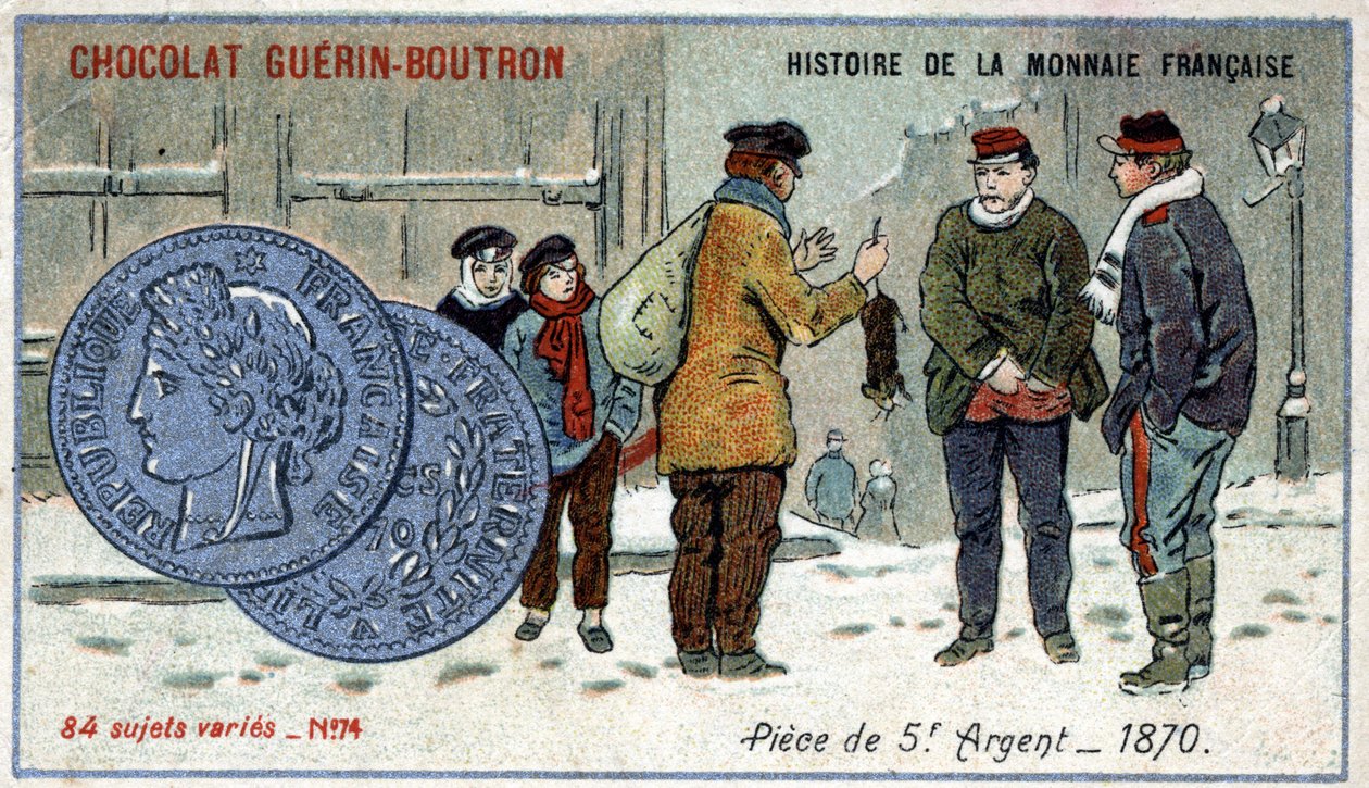 Serie Histoire de la Monnaie Française uitgegeven door Chocolat Guérin Boutron. Chromolithografie 19e eeuw. 5 frank zilveren munt in 1870 door Unknown artist
